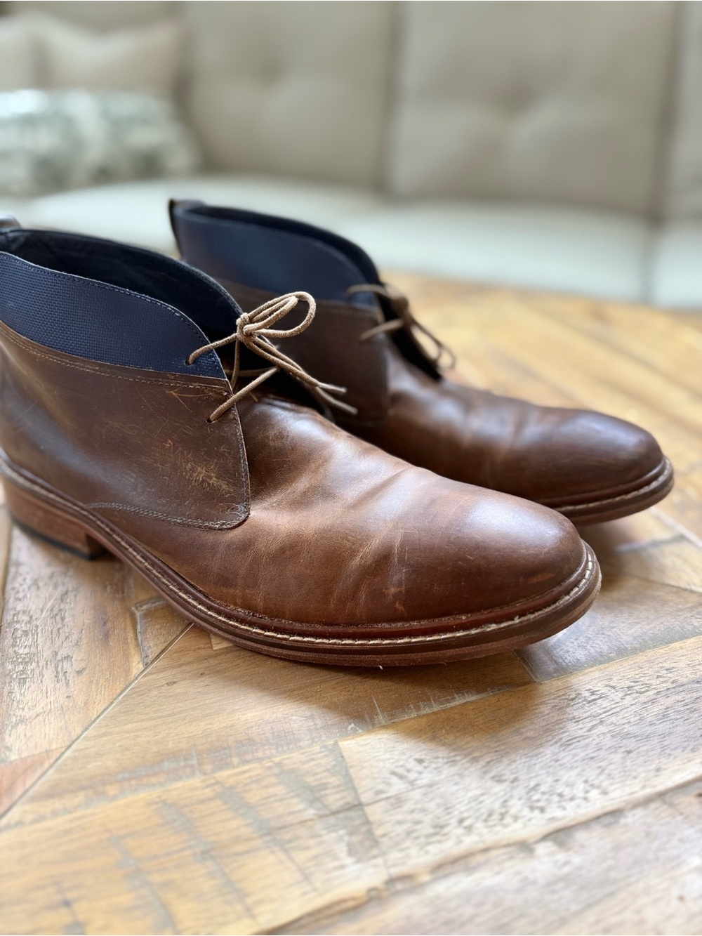 Cole Haan Brown Leather Chukka Boots with Navy Collar Accent